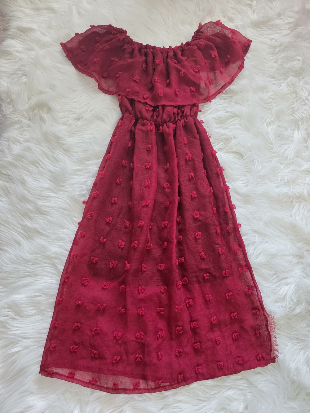 Girls Red Pom-Pom Chiffon Off-Shoulder Dress